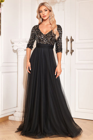 Black A-Line V Neck Short Sleeves Sequins Prom Dress